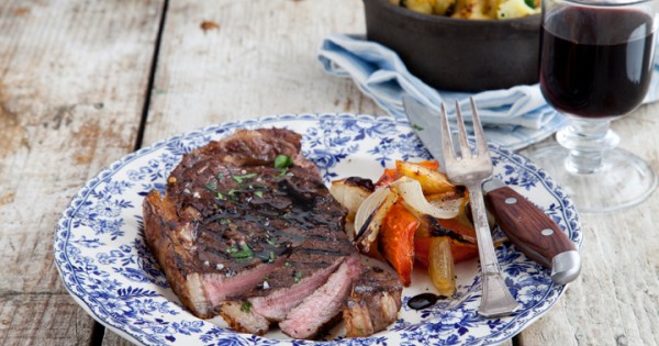 Balsamic Steak with Crushed Baby Potatoes and Root Vegetables